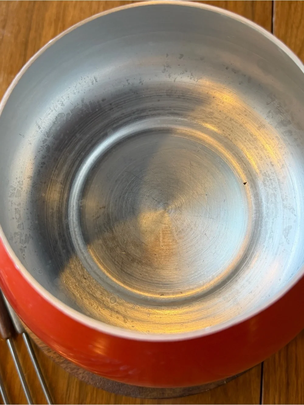 Vintage MCM Red Enamel Fondue Pot with Wooden Handle